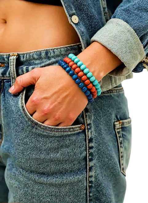 Women's Sky Blue/Dark Orange/Dark Blue Wood Bead Bracelet Stack