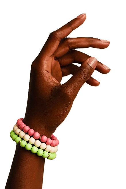 Women's Lime Green/White/Light Pink Wood Bead Bracelet Stack