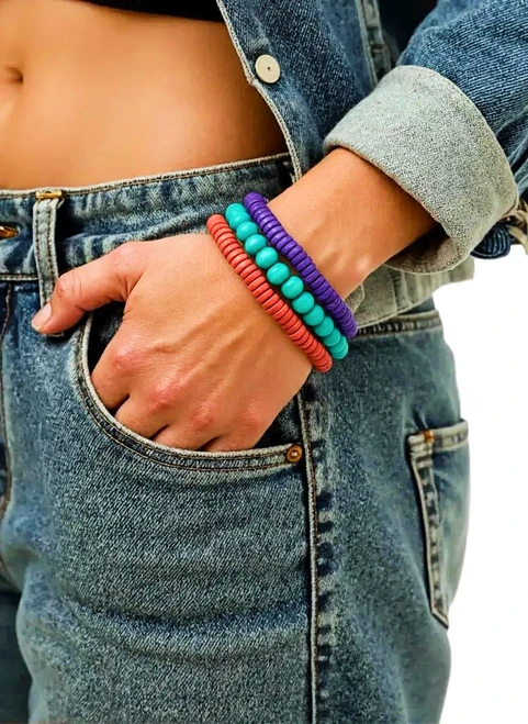 Women's Purple/Dark Orange/Turquiose Wood Bead Bracelet Stack