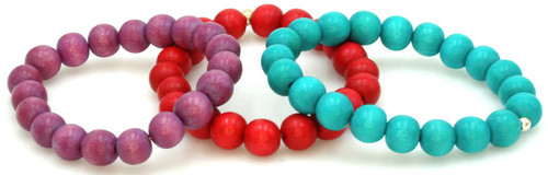 Women's Turquiose/Lavender Purple/Red Wood Bead Bracelet Stack