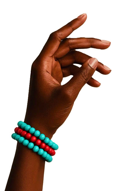 Women's Turquiose/Lavender Purple/Red Wood Bead Bracelet Stack