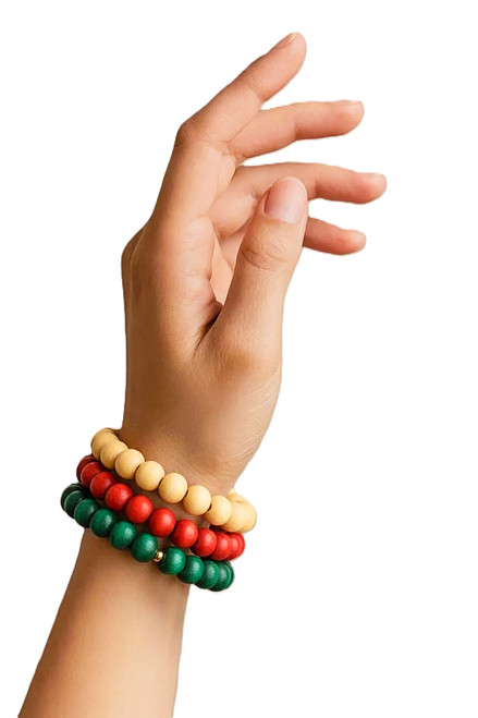 Women's Dark Yellow/Emerald Green/Dark Orange Wood Bead Bracelet Stack