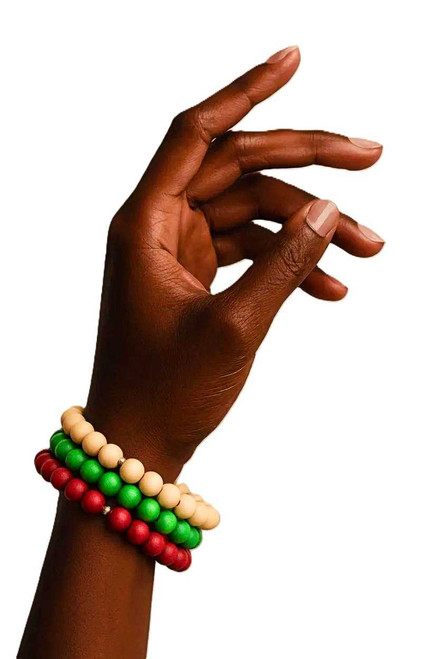 Women's Kelly Green/ Dark Yellow/Red Wood Bead Bracelet Stack
