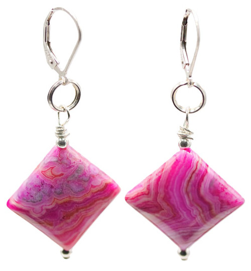 Women's Fuchsia Pink Crazy Lace Agate Diamond Puff Earrings