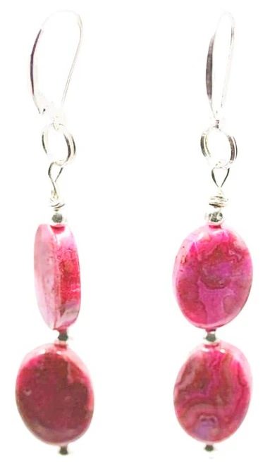 Women's Fuchsia Pink Crazy Lace Agate Oval Dangle Earrings