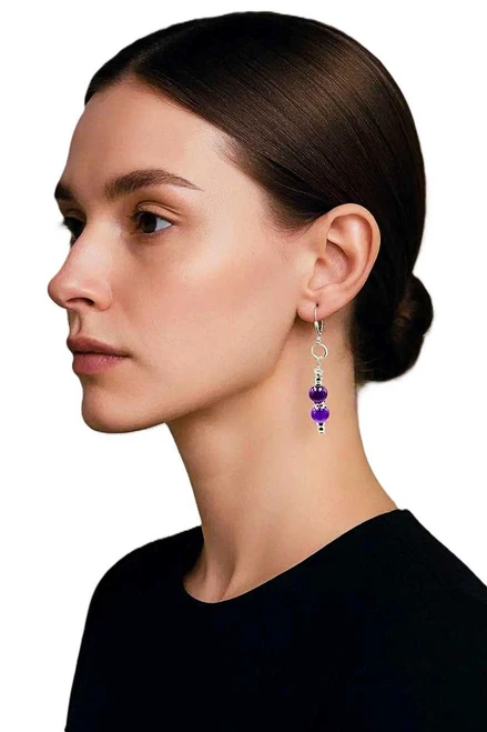 Women's Deep Purple Jade Dangle Gemstone Earrings