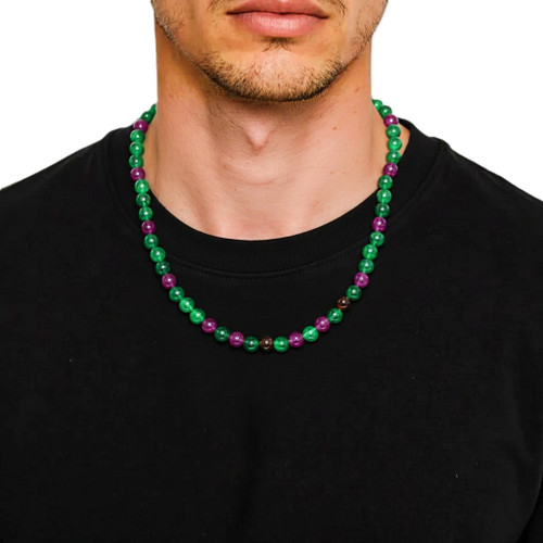 Men's 20 - Inch Dark Purple Jade & Dark Green Jade Gemstone Necklace