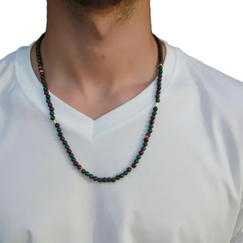 Men's 20 - Inch Dark Purple Jade & Dark Green Jade Gemstone Necklace