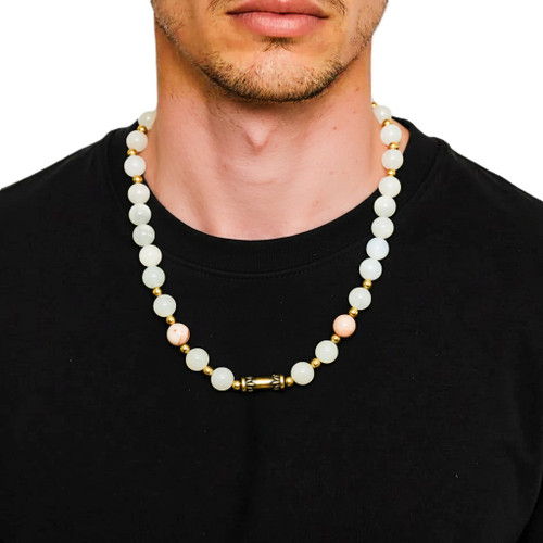 Men's 20 - Inch Beige Striped Onyx Gemstone Necklace