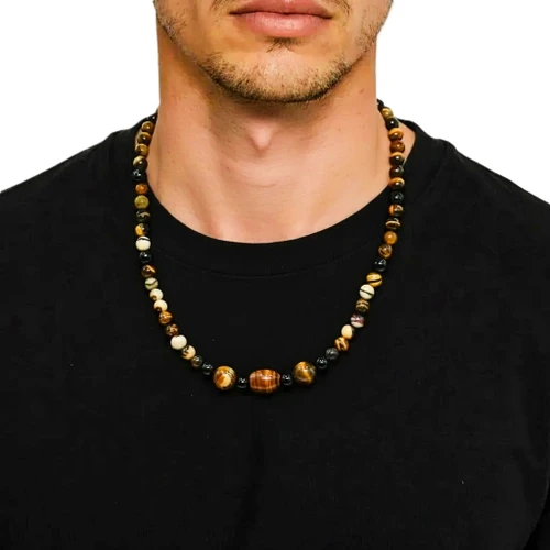 Men's 22 - Inch Iron Zebra Jasper & Black Onyx Gemstone Necklace