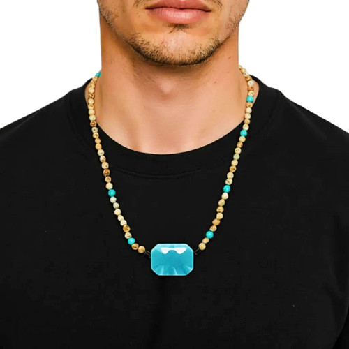 Men's 24 - Inch Picture Jasper & Blue Magnesite Gemstone Necklace