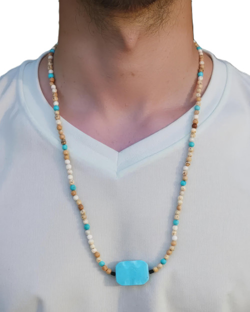 Men's 24 - Inch Picture Jasper & Blue Magnesite Gemstone Necklace