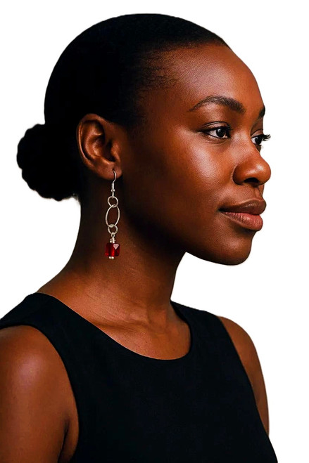 Women’s 8 mm Red Siam Mini Square Crystal Dangle Earrings