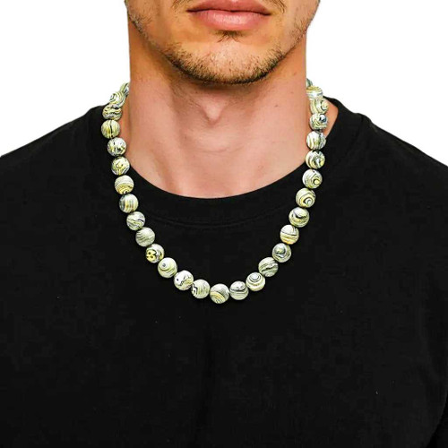 Men’s 26 Inch Peacock Stone Beads, Yellow/Black/White Malachite Necklace