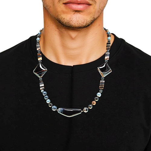 Men’s 26 Inch Black Sardonyx & Agate Gemstone Necklace