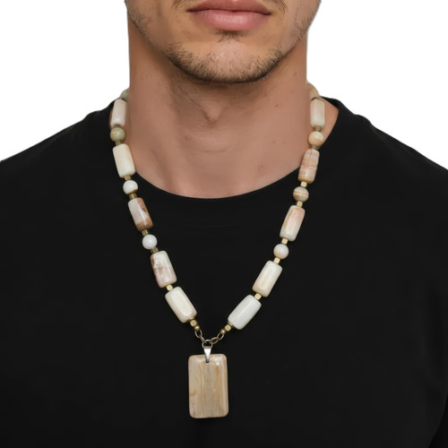 Men’s 28 Inch Picture Jasper & Onyx Gemstone Necklace