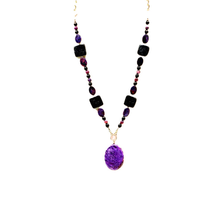 Purple Crazy Lace Agate/Black Stone Gemstone Statement Necklace