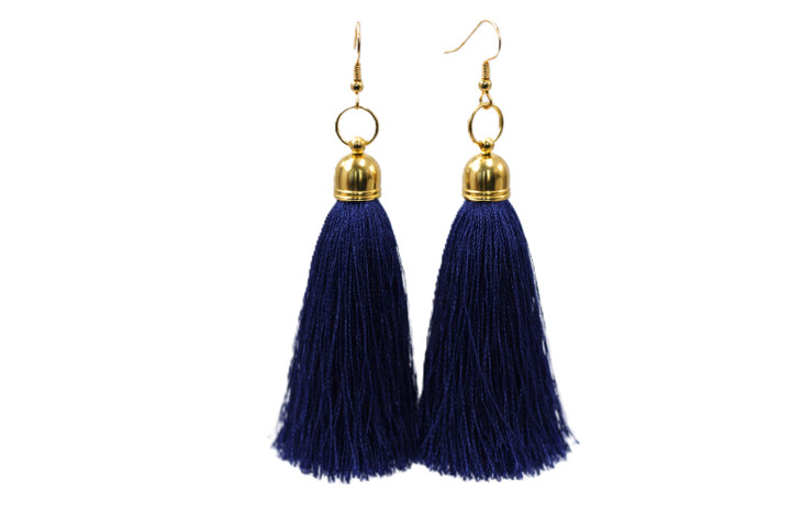 Women's Navy Blue Silk Tassel Earrings