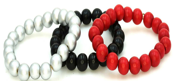 Women's Light Silver Gray/Black/Red Wood Bead Bracelet Stack