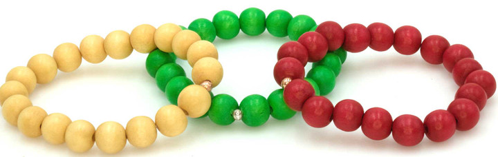 Women's Kelly Green/ Dark Yellow/Red Wood Bead Bracelet Stack
