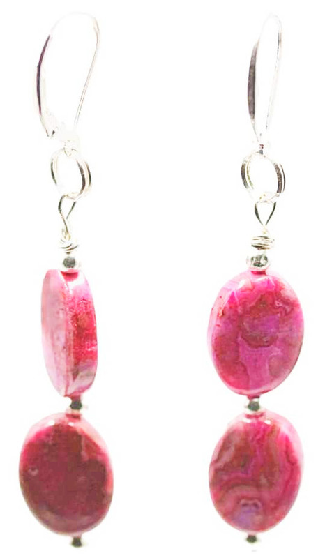 Women's Fuchsia Pink Crazy Lace Agate Oval Dangle Earrings