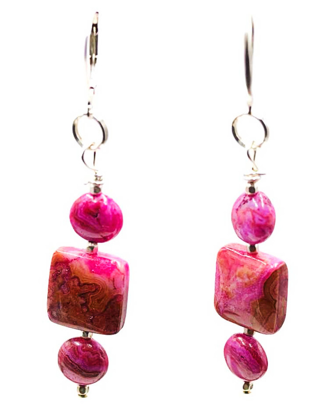 Women's Fuchsia Pink Crazy Lace Agate Coin & Square Dangle Earrings
