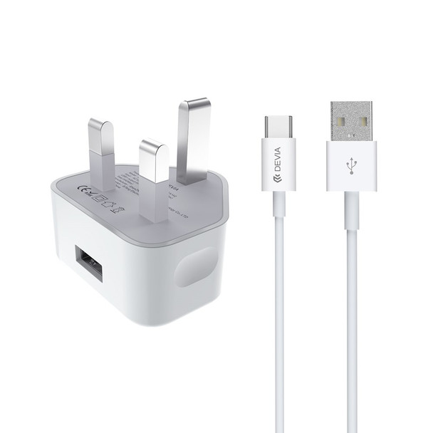 2.1A USB Plug & 1m Type C Cable - White