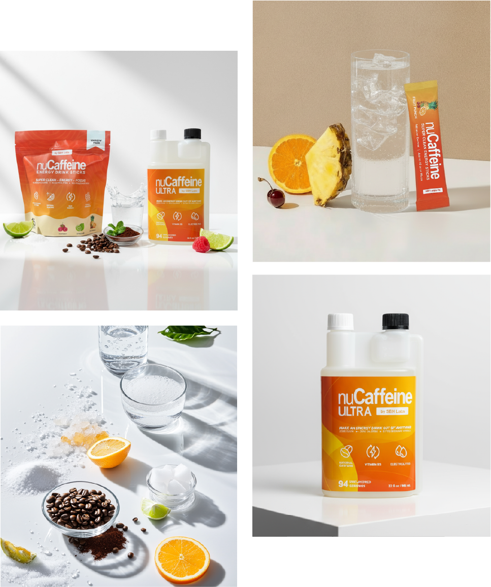 nuCaffeine lifestyle product photography showing drinks, fruit, and packaging