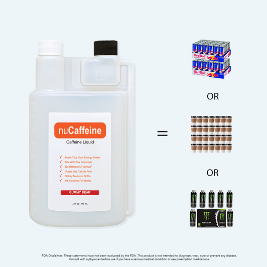 nuCaffeine with 47 Servings per Bottle.  Far cheaper than a store bought energy drink or energy shot.