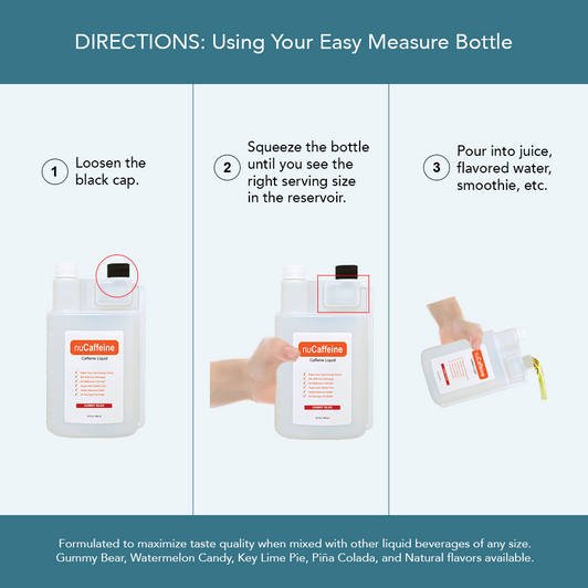 nuCaffeine, Caffeine Liquid. Control the amount of caffeine in your drink with our easy measure bottle and handy sizing chart.