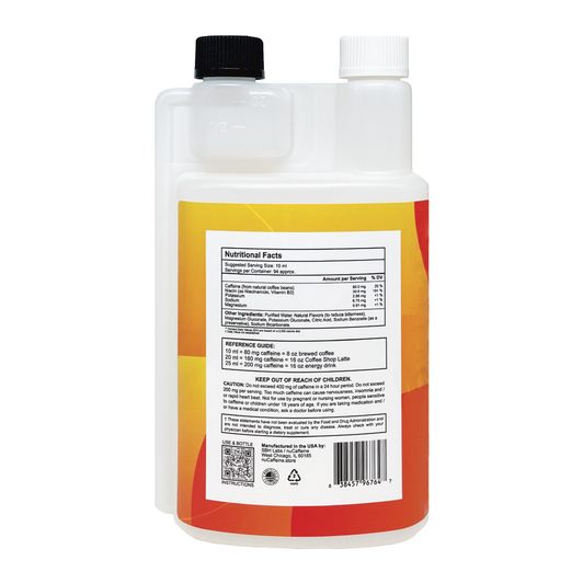 Back of nuCaffeine ULTRA liquid caffeine concentrate bottle showing nutritional facts, ingredient list, caffeine dosage guide, and usage instructions. Contains natural caffeine, Vitamin B3, and electrolytes. 32 fl oz bottle with 94 servings.