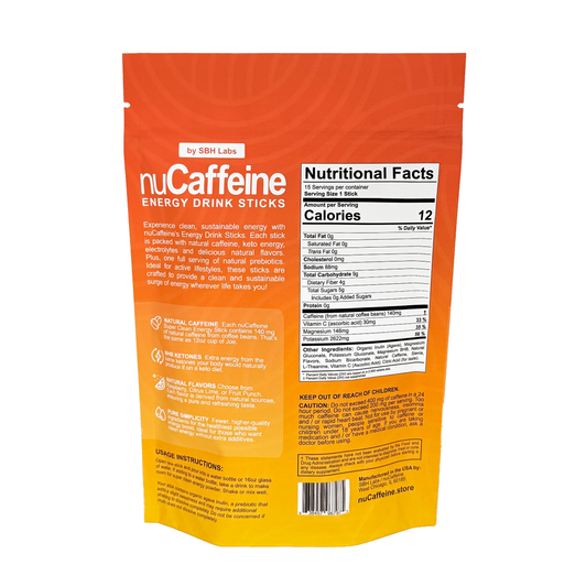 Back of nuCaffeine Super Clean Energy Sticks 15-pack showcasing nutritional facts, ingredients, and benefits. A natural caffeine supplement with BHB ketones, electrolytes, and prebiotics for a clean energy drink mix.