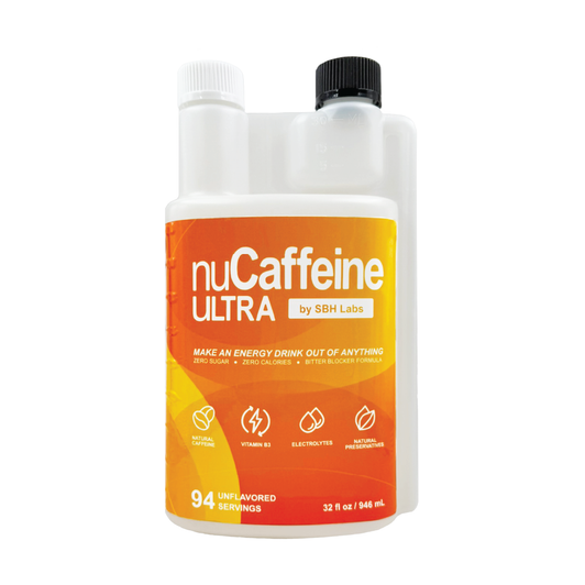 nuCaffeine ULTRA Natural Preservatives liquid caffeine concentrate with natural caffeine, Vitamin B3, electrolytes, and a bitter blocker formula. Zero sugar, zero calories, 94 unflavored servings in a 32 fl oz bottle.