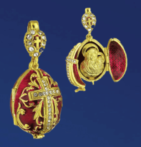 008462 Egg Pendant Locket, Fabergé style with cross and MOG inside, red