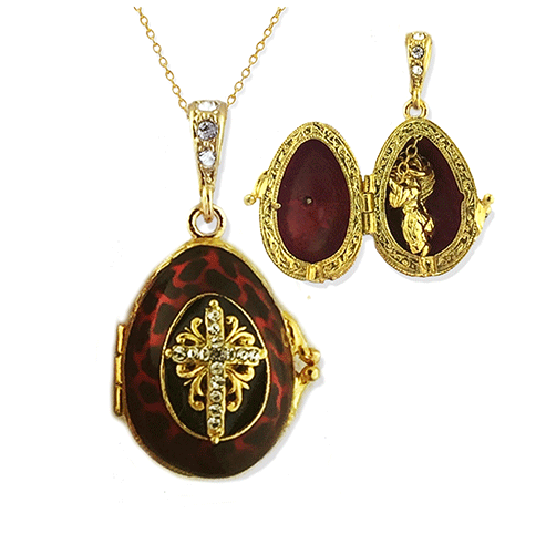 005702 Egg Pendant Locket, Faberge style with angel inside, red