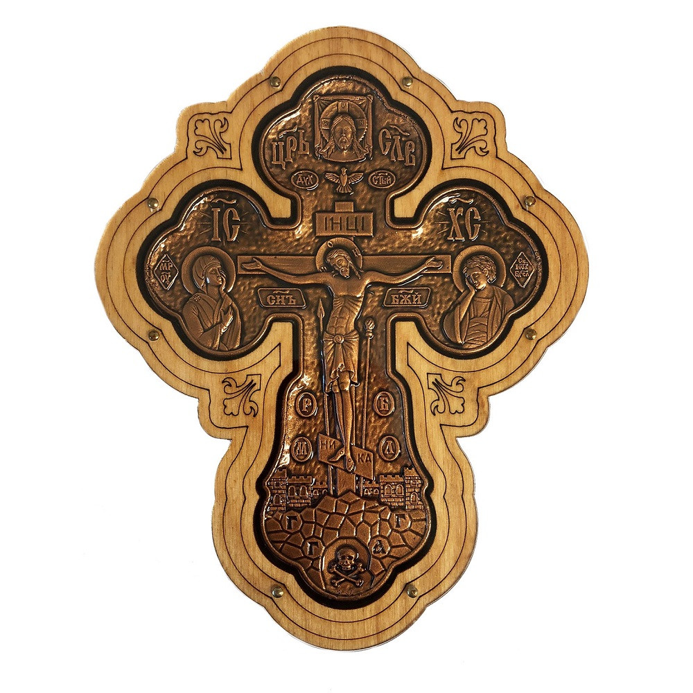 Wall Cross, Crucifix with Theotokos and St John, bronze-tone on