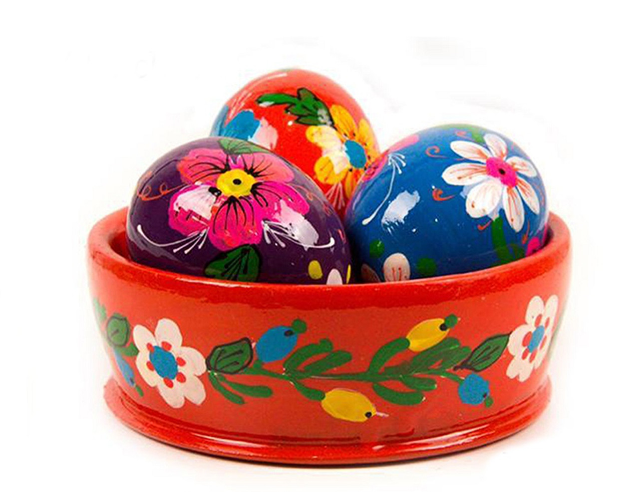Wooden Eggs, red bowl of three, floral design