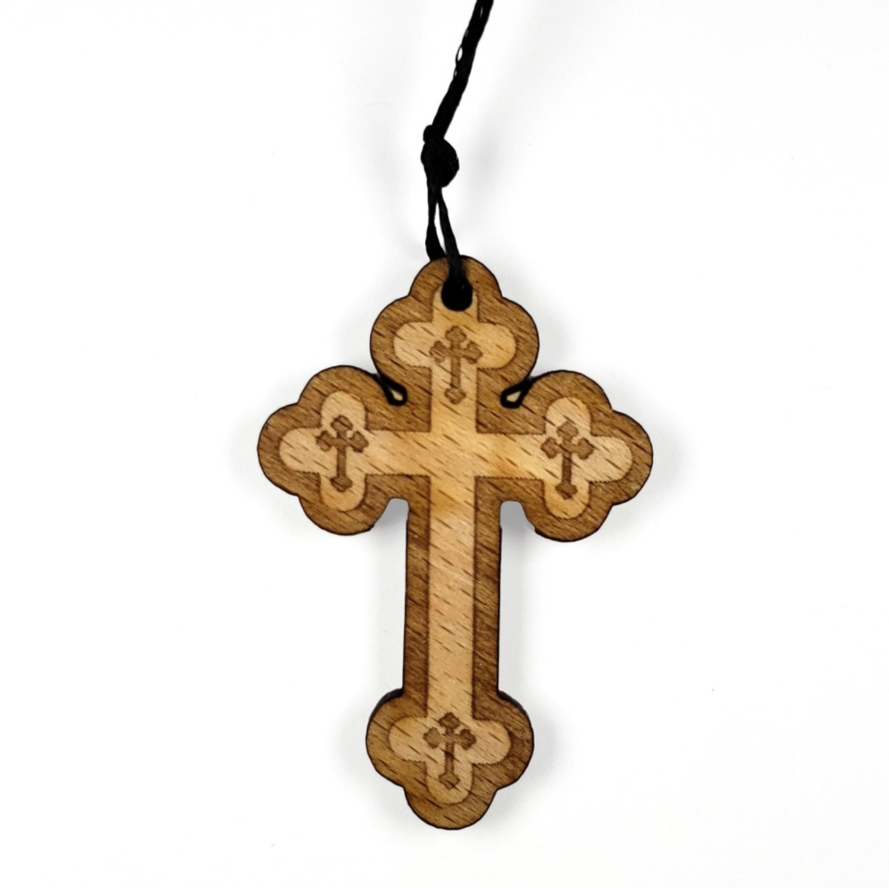 Wood neck cross with cord, two-tone budded - Ancient Faith Store