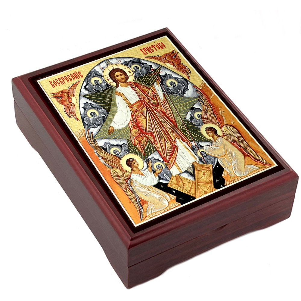 Wooden Icon Box, Resurrection with seraphim angels, deluxe large