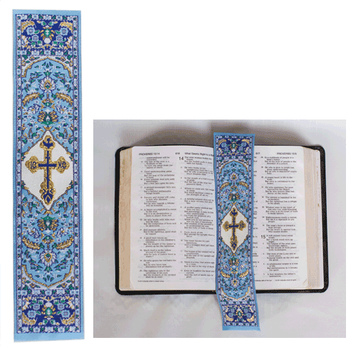 Tapestry bookmark, blue with cross