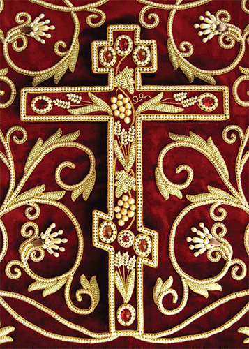 Embroidered Cross, pack of 10 blank note cards. Features a Russian three-bar cross. Perfect for many occasions.