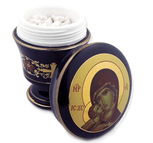 Ceramic incense container with icons, blue