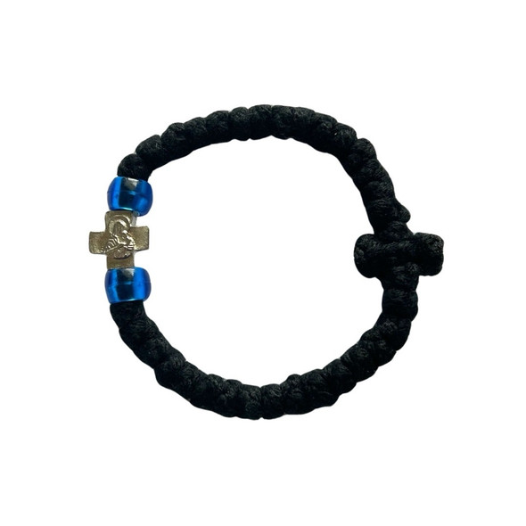 Prayer Bracelet, 33 knots with silver-tone cross and 2 blue beads