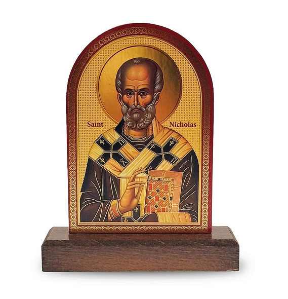 Standing St. Nicholas icon with troparion on reverse