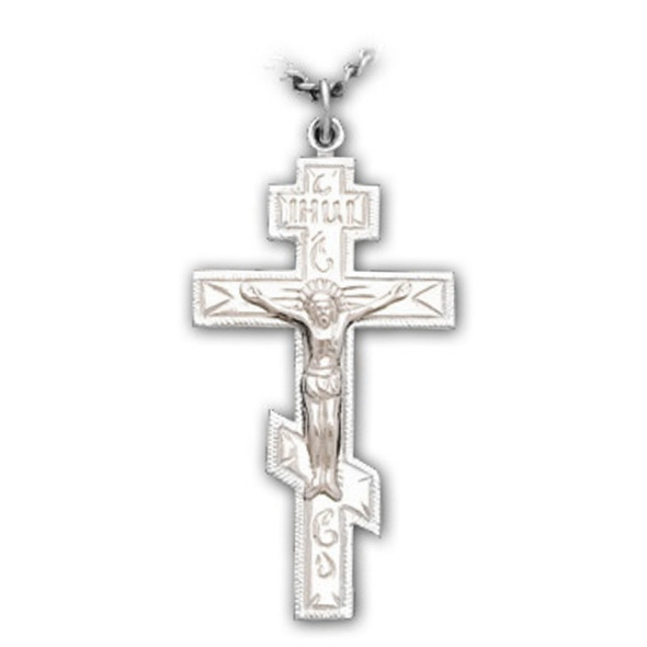 Necklace - string and metal pendant, orthodox cross, patinated
