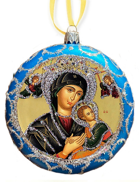 Ornament, Perpetual Help on blue with silver accents, Ukrainian