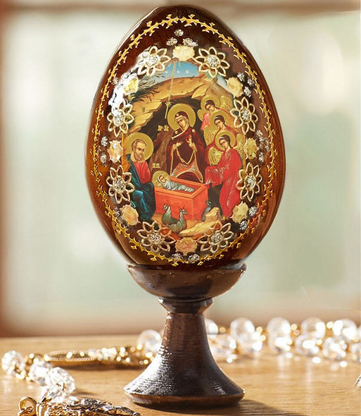 Wood egg on stand, Nativity Manger, small Wood egg on stand, Nativity Manger, small