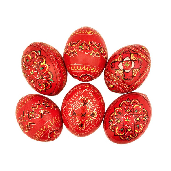 Wooden Eggs, Pysanky Design in red - pack of 6