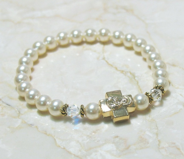 Prayer Bracelet with Cream Rose Swarovski pearls, gold-tone cross