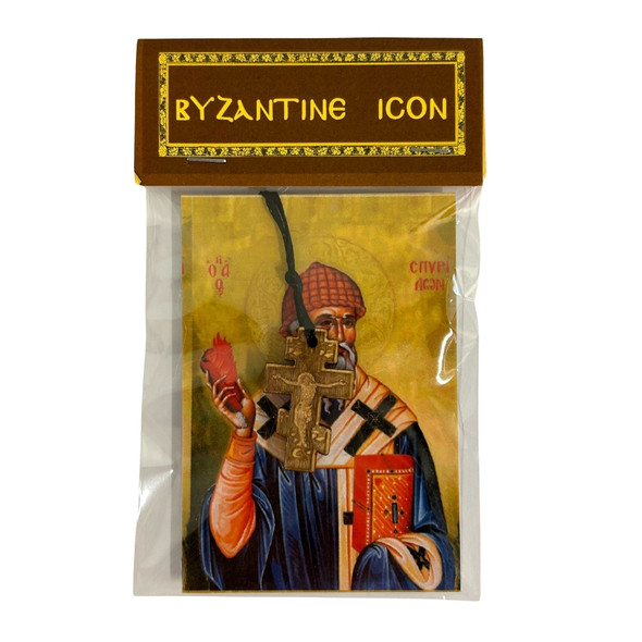 Wood neck cross with cord, three-bar, Saint Spyridon icon card